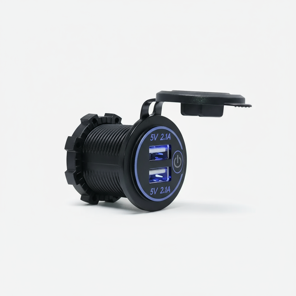 Black car charger with dual USB ports and power indicator on a white background