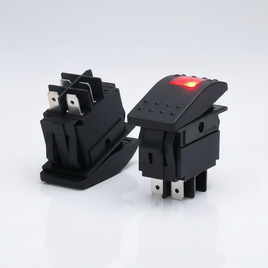 Two black rocker switches on a white background